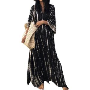 Moss Rose Women Summer Caftan Coverups Dress Kimono Beach Vacation Wear V Neck Print Maxi Boho Dress(Black)