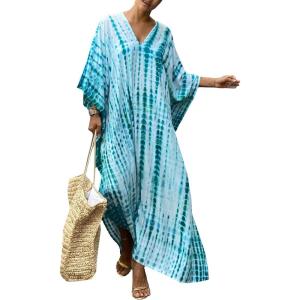Moss Rose Women Summer Caftan Coverups Dress Kimono Beach Vacation Wear V Neck Print Maxi Boho Dress(Blue Green)
