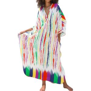 Moss Rose Women Summer Caftan Coverups Dress Kimono Beach Vacation Wear V Neck Print Maxi Boho Dress(B-rainbow)