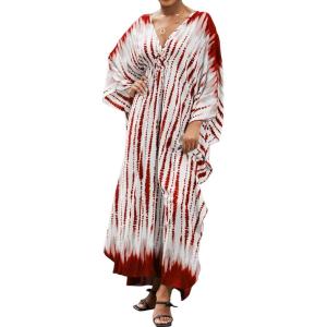 Moss Rose Women Summer Caftan Coverups Dress Kimono Beach Vacation Wear V Neck Print Maxi Boho Dress(B-red)