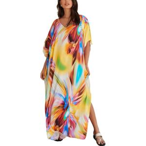 Moss Rose Women Summer Caftan Coverups Dress Kimono Beach Vacation Wear V Neck Print Maxi Boho Dress(D-fireworks Print)