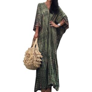 Moss Rose Women Summer Caftan Coverups Dress Kimono Beach Vacation Wear V Neck Print Maxi Boho Dress(Green)