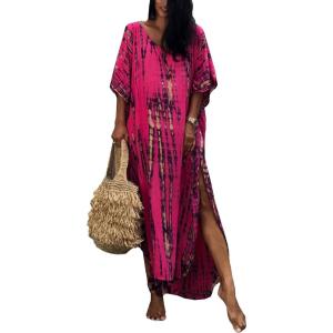 Moss Rose Women Summer Caftan Coverups Dress Kimono Beach Vacation Wear V Neck Print Maxi Boho Dress(Rose)