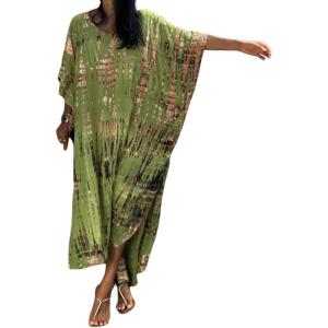 Moss Rose Women Summer Caftan Coverups Dress Kimono Beach Vacation Wear V Neck Print Maxi Boho Dress(Z-green)