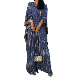 Moss Rose Women Summer Caftan Coverups Dress Kimono Beach Vacation Wear V Neck Print Maxi Boho Dress(Z-navy)