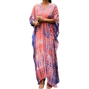 Moss Rose Women Summer Caftan Coverups Dress Kimono Beach Vacation Wear V Neck Print Maxi Boho Dress(Z-pink)