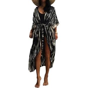 Moss Rose Women Summer Caftan Kimono Cardigan Open Fron Swimsuit Kaftan Maxi Beach Vacation Clothes with Belt(A-black)