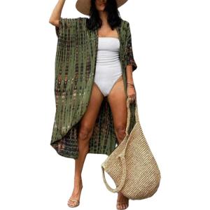 Moss Rose Women Summer Caftan Kimono Cardigan Open Fron Swimsuit Kaftan Maxi Beach Vacation Clothes with Belt(A-green)
