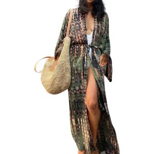 Moss Rose Women Summer Caftan Kimono Cardigan Open Fron Swimsuit Kaftan Maxi Beach Vacation Clothes with Belt(B-khaki)