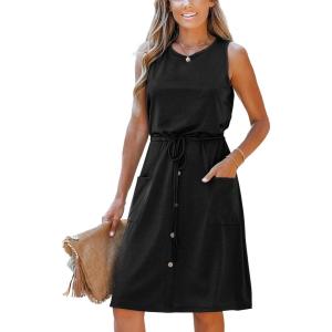 Moss Rose Women Summer Dresses Sleeveless Casual Loose Swing Midi Dress with Pockets(Black)