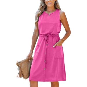 Moss Rose Women Summer Dresses Sleeveless Casual Loose Swing Midi Dress with Pockets(Pink)