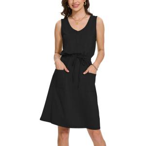 Moss Rose Women Summer Dresses Sleeveless Casual Loose Swing Midi Dress with Pockets(Z-black)