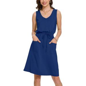 Moss Rose Women Summer Dresses Sleeveless Casual Loose Swing Midi Dress with Pockets(Z-blue)