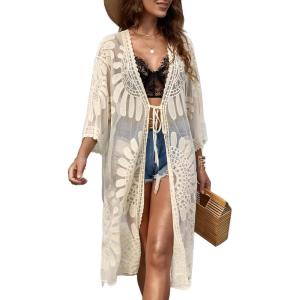 Moss Rose Womens Bathing Suit Cover Up 3/4 Sleeve Mesh Swimsuit Coverup Long Floral Beach Lace Kimono Cardigan(Beige)