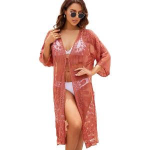 Moss Rose Womens Bathing Suit Cover Up 3/4 Sleeve Mesh Swimsuit Coverup Long Floral Beach Lace Kimono Cardigan(Brick Red)