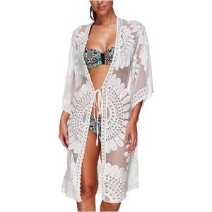 Moss Rose Womens Bathing Suit Cover Up 3/4 Sleeve Mesh Swimsuit Coverup Long Floral Beach Lace Kimono Cardigan(White)