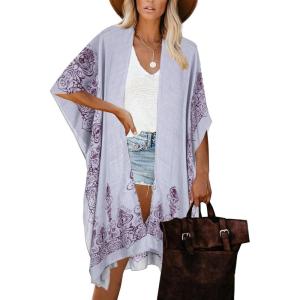 Moss Rose Women’s Beach Cover up Swimsuit Kimono with Bohemian Floral Print, Loose Casual Resort Wear(A Grey Floral)