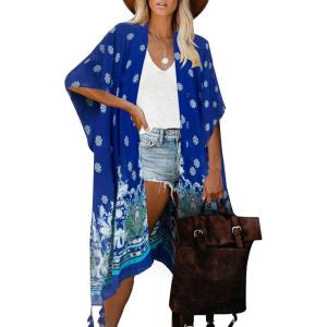 Moss Rose Women’s Beach Cover up Swimsuit Kimono with Bohemian Floral Print, Loose Casual Resort Wear(B Blue Green)