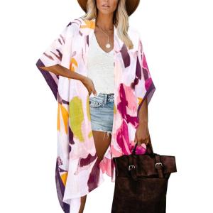 Moss Rose Women’s Beach Cover up Swimsuit Kimono with Bohemian Floral Print, Loose Casual Resort Wear(B Multicolor 4)