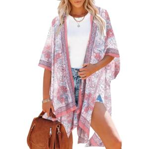 Moss Rose Women’s Beach Cover up Swimsuit Kimono with Bohemian Floral Print, Loose Casual Resort Wear(B Pink Paisley)