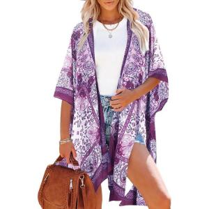 Moss Rose Women’s Beach Cover up Swimsuit Kimono with Bohemian Floral Print, Loose Casual Resort Wear(B Purple Paisley)