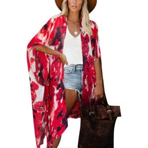 Moss Rose Women’s Beach Cover up Swimsuit Kimono with Bohemian Floral Print, Loose Casual Resort Wear(B Red  Brown  White)