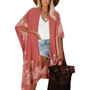 Moss Rose Women’s Beach Cover up Swimsuit Kimono with Bohemian Floral Print, Loose Casual Resort Wear(B Red)