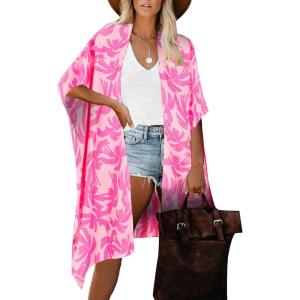 Moss Rose Women’s Beach Cover up Swimsuit Kimono with Bohemian Floral Print, Loose Casual Resort Wear(B Rose Red Print)