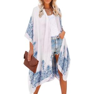 Moss Rose Women’s Beach Cover up Swimsuit Kimono with Bohemian Floral Print, Loose Casual Resort Wear(Blue  White)