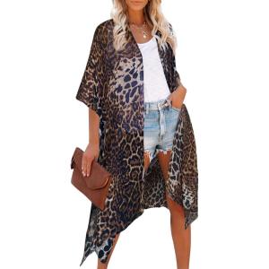 Moss Rose Women’s Beach Cover up Swimsuit Kimono with Bohemian Floral Print, Loose Casual Resort Wear(Brown  Black  White)