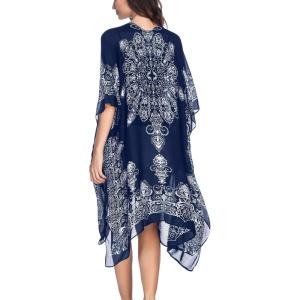 Moss Rose Women’s Beach Cover up Swimsuit Kimono with Bohemian Floral Print, Loose Casual Resort Wear(C Adeline Indigo)