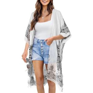 Moss Rose Women’s Beach Cover up Swimsuit Kimono with Bohemian Floral Print, Loose Casual Resort Wear(C Adeline White)