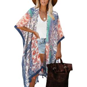 Moss Rose Women’s Beach Cover up Swimsuit Kimono with Bohemian Floral Print, Loose Casual Resort Wear(C Multi Flower)