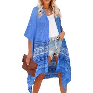 Moss Rose Women’s Beach Cover up Swimsuit Kimono with Bohemian Floral Print, Loose Casual Resort Wear(C Nebulas Blue)