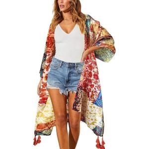 Moss Rose Women’s Beach Cover up Swimsuit Kimono with Bohemian Floral Print, Loose Casual Resort Wear(D Bohemian Rhapsody)