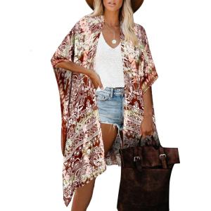 Moss Rose Women’s Beach Cover up Swimsuit Kimono with Bohemian Floral Print, Loose Casual Resort Wear(D Multicolor Print)