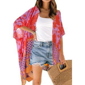 Moss Rose Women’s Beach Cover up Swimsuit Kimono with Bohemian Floral Print, Loose Casual Resort Wear(D Orange White Flower)