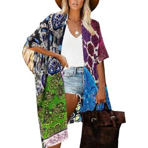 Moss Rose Women’s Beach Cover up Swimsuit Kimono with Bohemian Floral Print, Loose Casual Resort Wear(D Purple Blue)