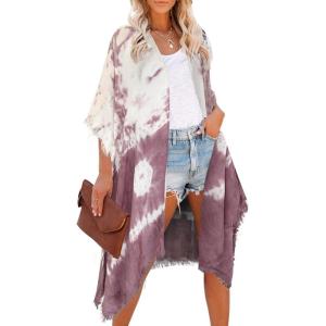 Moss Rose Women’s Beach Cover up Swimsuit Kimono with Bohemian Floral Print, Loose Casual Resort Wear(E Tie-dye Ultra Violet)