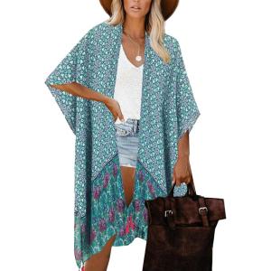 Moss Rose Women’s Beach Cover up Swimsuit Kimono with Bohemian Floral Print, Loose Casual Resort Wear(Green Placement Print)