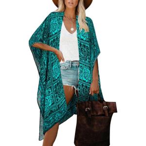 Moss Rose Women’s Beach Cover up Swimsuit Kimono with Bohemian Floral Print, Loose Casual Resort Wear(Z Green Floral)