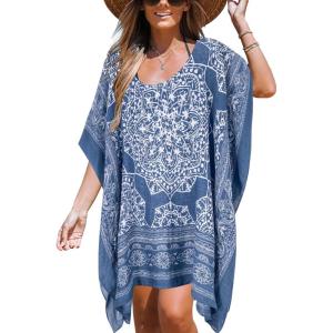 Moss Rose Women’s Beach Kaftan Dresses Kimono Swimsuit Cover up for Bathing Suit with Floral Pattern(A-blue)