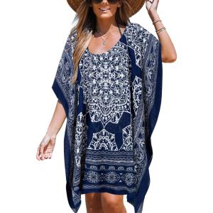 Moss Rose Women’s Beach Kaftan Dresses Kimono Swimsuit Cover up for Bathing Suit with Floral Pattern(A-navy Print)