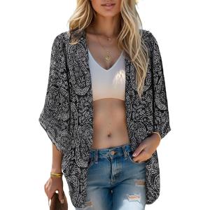 Moss Rose Women’s Beach Kimono Coverup Sheer Chiffon Cover Ups, Casual Loose Open Front Cardigan Tops(Black Bohemia)