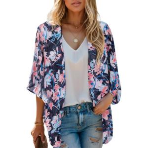 Moss Rose Women’s Beach Kimono Coverup Sheer Chiffon Cover Ups, Casual Loose Open Front Cardigan Tops(Blue Flora)