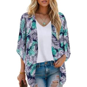 Moss Rose Women’s Beach Kimono Coverup Sheer Chiffon Cover Ups, Casual Loose Open Front Cardigan Tops(Blue Floral)