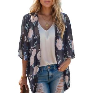 Moss Rose Women’s Beach Kimono Coverup Sheer Chiffon Cover Ups, Casual Loose Open Front Cardigan Tops(Dark Grey Floral)