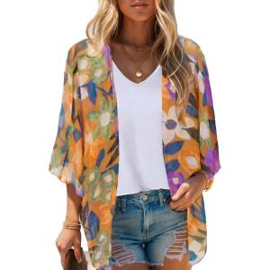 Moss Rose Women’s Beach Kimono Coverup Sheer Chiffon Cover Ups, Casual Loose Open Front Cardigan Tops(Orange Flora)