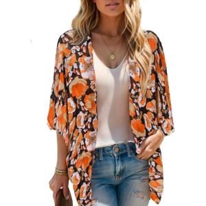 Moss Rose Women’s Beach Kimono Coverup Sheer Chiffon Cover Ups, Casual Loose Open Front Cardigan Tops(Orange Floral)