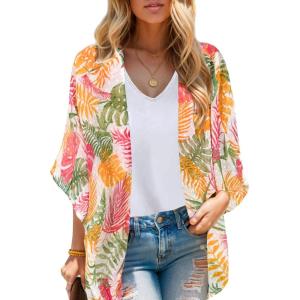 Moss Rose Women’s Beach Kimono Coverup Sheer Chiffon Cover Ups, Casual Loose Open Front Cardigan Tops(Orange Floral Print)